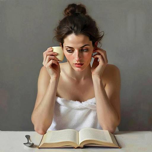 Woman in Towel Listening to a Cup While Reading Book