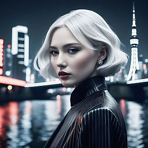 Platinum Blonde Woman in Futuristic Cityscape
