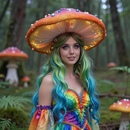 Whimsical Woman in Rainbow Dress with Glowing Mushroom Hat in Enchanted Forest