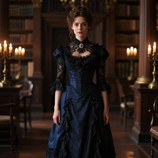 Victorian Woman in Elegant Dark Blue Dress in Vintage Library