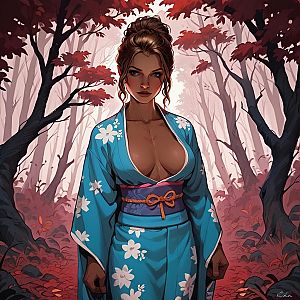 Confident Woman in Forest with Red Foliage