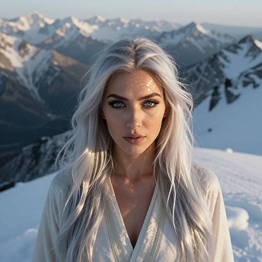 Portrait of a Woman with Platinum Blonde Hair in Snowy Mountain Landscape