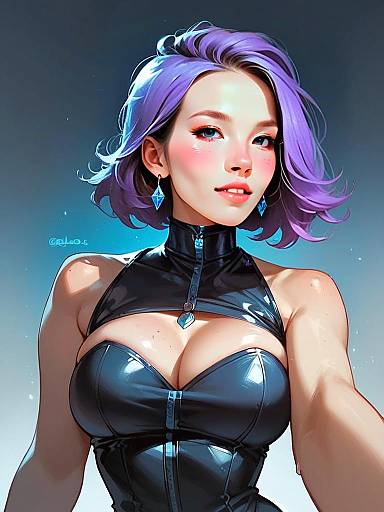 Anime-Style Portrait of Woman with Purple Hair in Black Leather Outfit