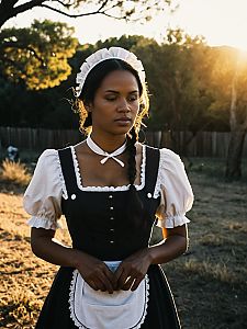 Woman in Django Unchained Inspired Maid Costume Outdoors Cinematic Realism