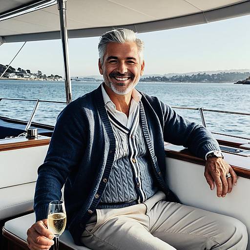 Elegant Middle-Aged Man Relaxing on Luxury Yacht with Champagne