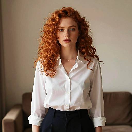 Confident Red Haired Woman in White Shirt Gen Z Style