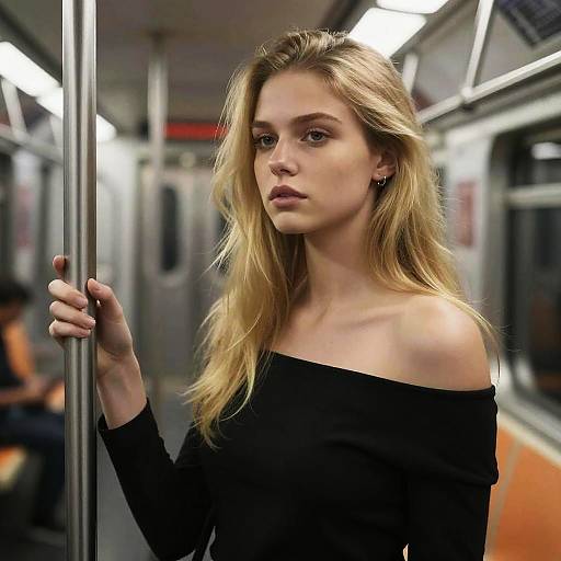 Blonde Woman in Black Off-Shoulder Top on Subway Holding Pole