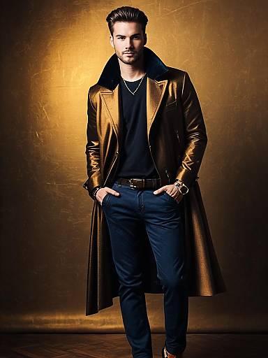 Man in Modern Fashion Outfit with Metallic Gold Trench Coat Full Body Stylish Fashion Photo
