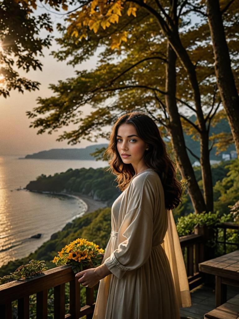 Woman on Deck at Sunset Over Beach