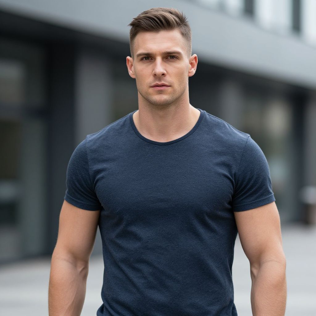 Confident Young Man in Navy Blue T-Shirt Urban Portrait