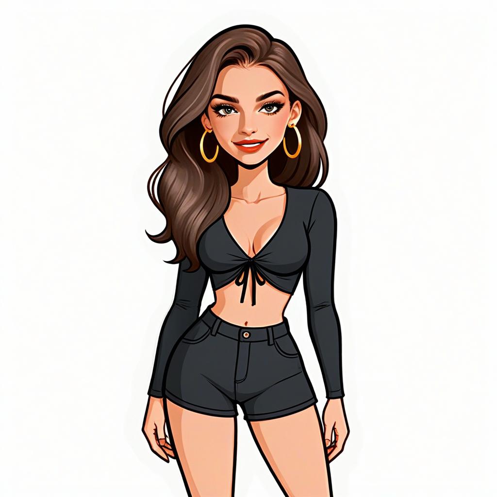 Stylish Young Woman with Long Hair in Black Crop Top and Shorts Illustration