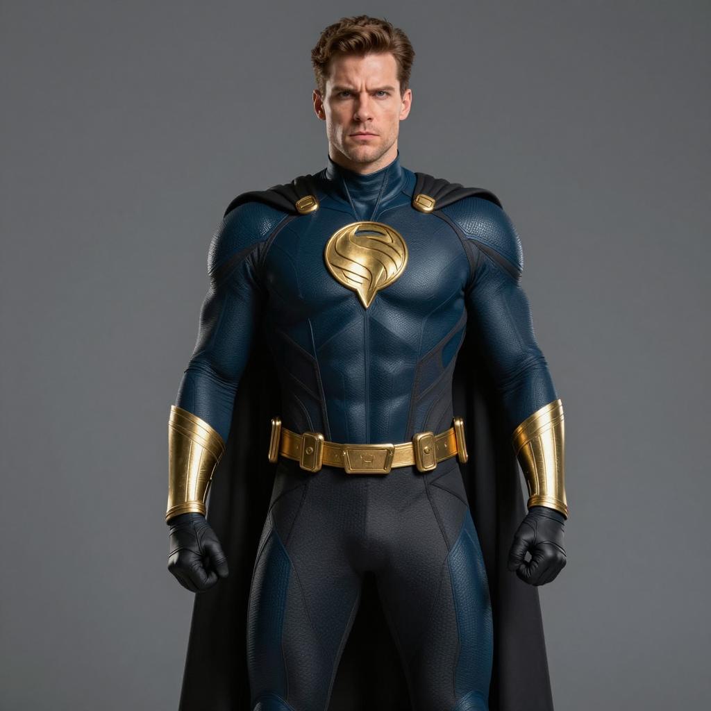 Man in Dark Blue and Gold Superhero Costume with Cape