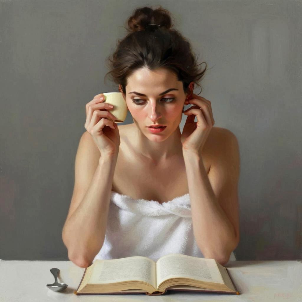 Woman in Towel Listening to a Cup While Reading Book