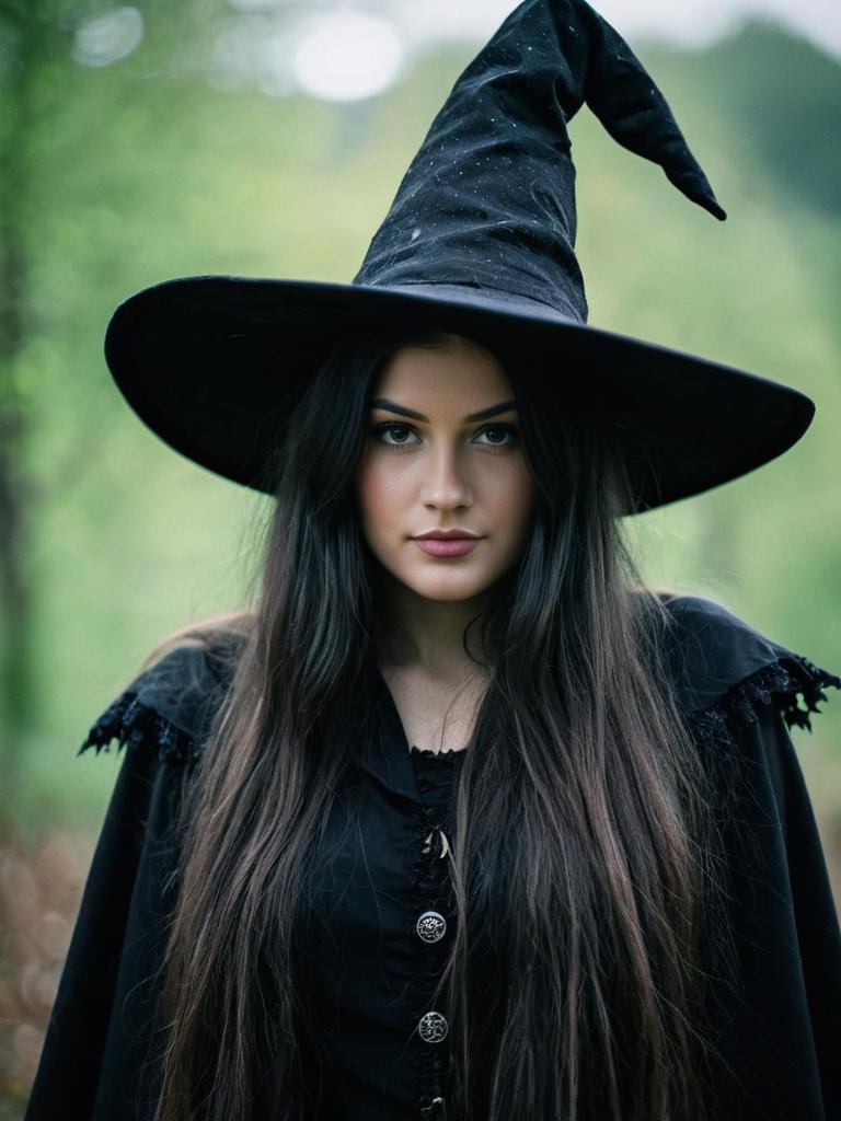 Wicked Witch Costume Woman with Wizard Hat in Forest