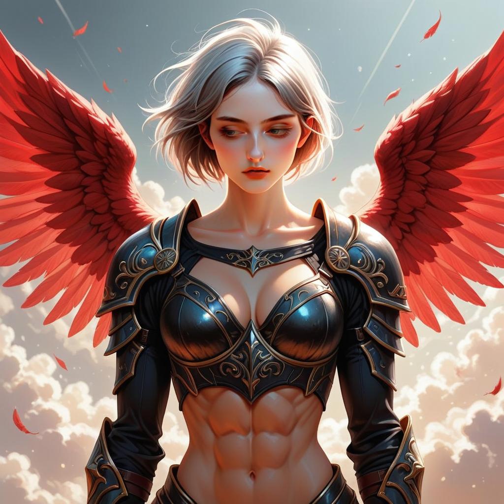 Woman with Silver Hair and Red Wings in Black Armor Woman with Silver Hair and Red Wings in Black Armor