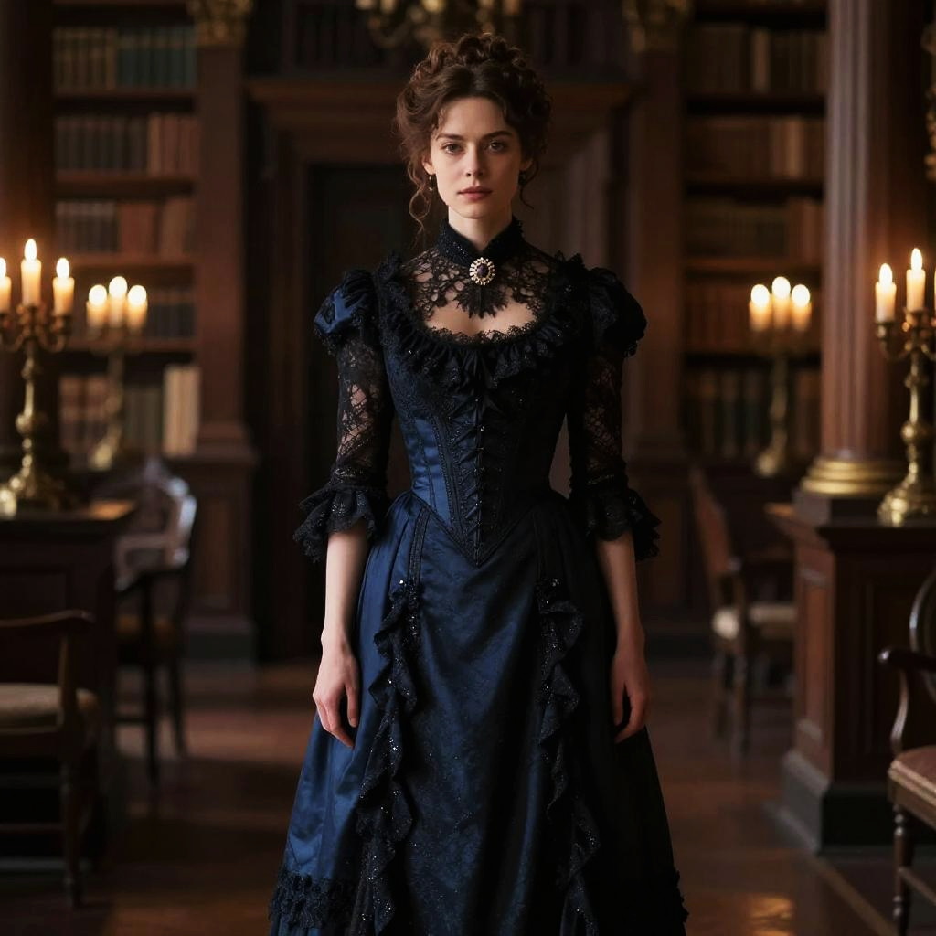 Victorian Woman in Elegant Dark Blue Dress in Vintage Library