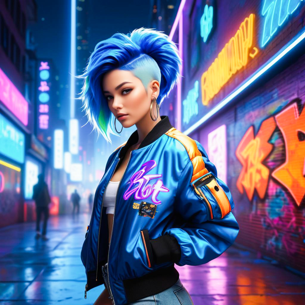 Futuristic Woman with Blue Hair in Urban Setting