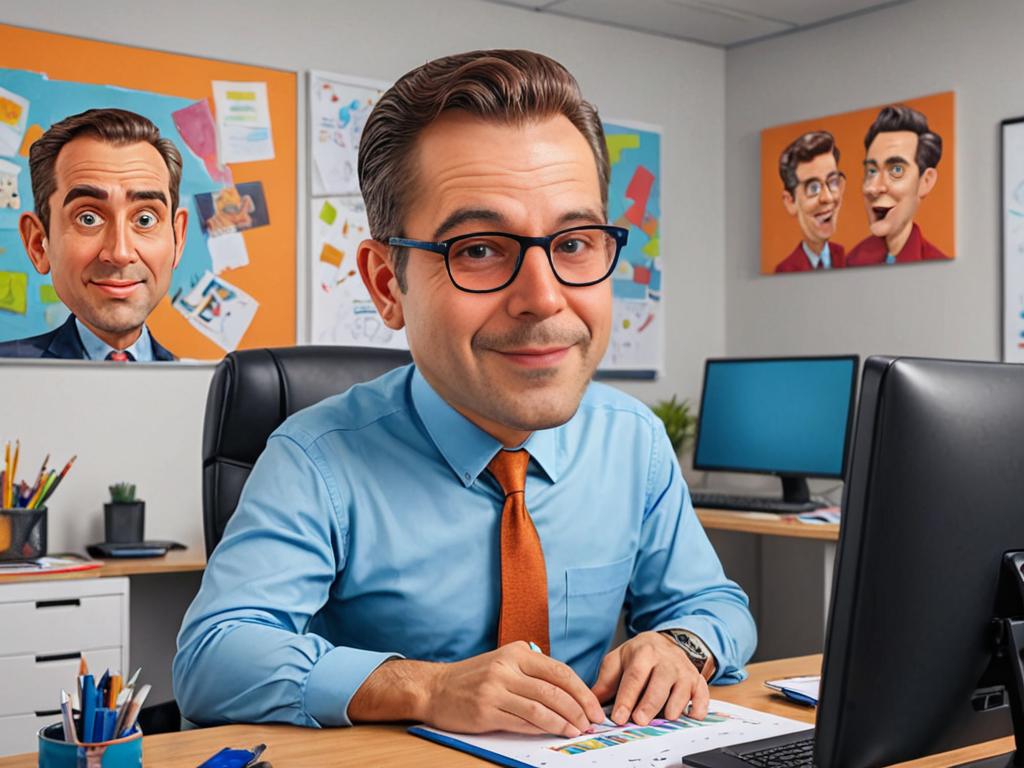 Professional Man at Creative Desk with Caricature Art