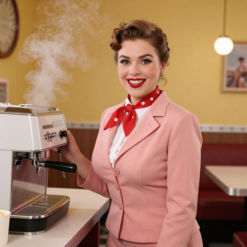 Vintage Style Woman Making Coffee with Espresso Machine in Retro Diner
