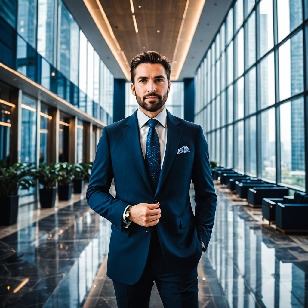 Confident Man in Tailored Blue Suit in Modern Office