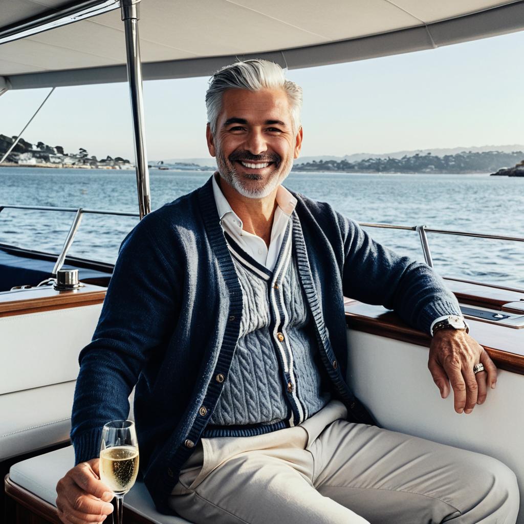 Elegant Middle-Aged Man Relaxing on Luxury Yacht with Champagne