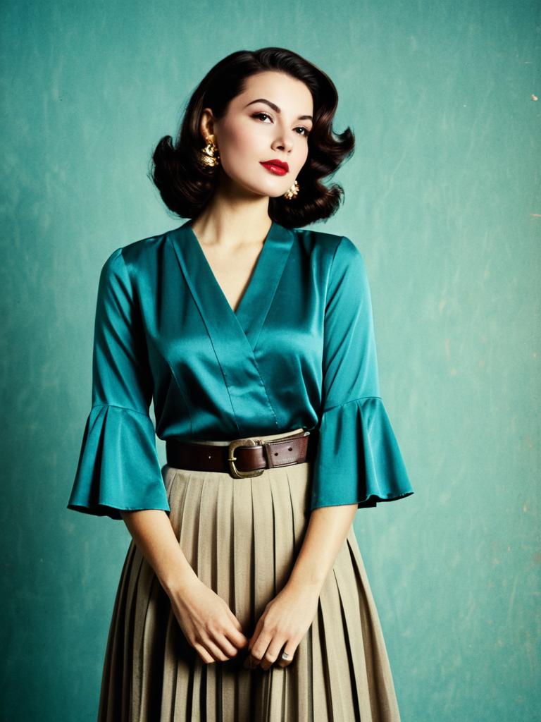 Elegant Vintage-Inspired Woman in Teal Satin Blouse and Pleated Skirt