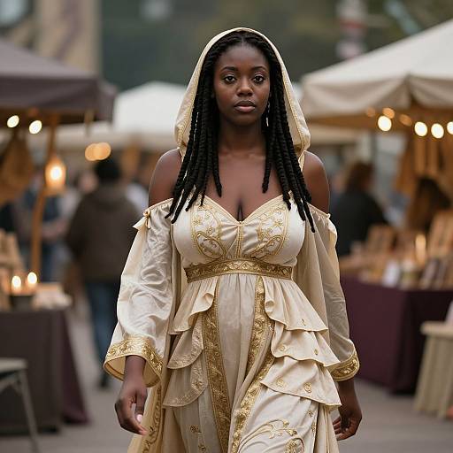 Elegant Woman in Cream and Gold Medieval Style Dress at Outdoor Market