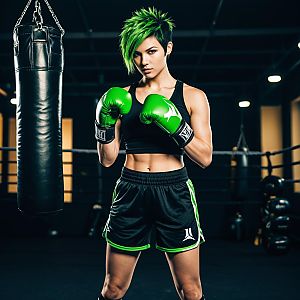 Confident Woman Boxer with Green Hair in Boxing Gym
