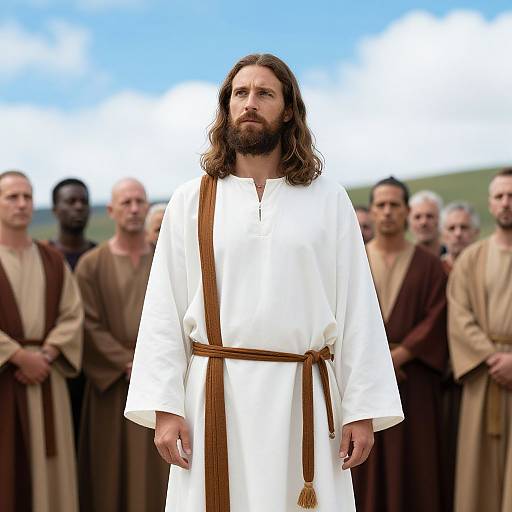 Man in White Robe with Group of Men in Biblical Attire