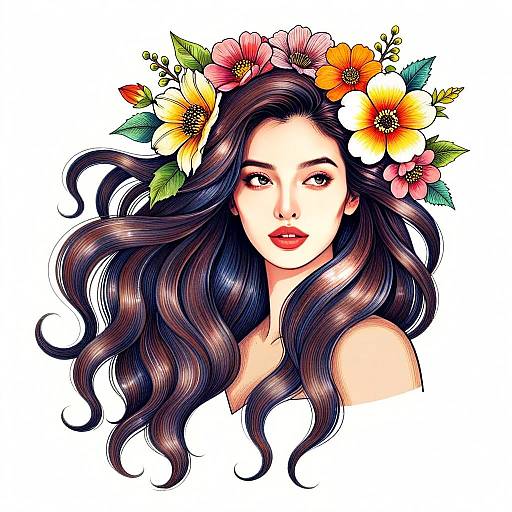 Elegant Woman with Floral Crown and Flowing Hair Illustration