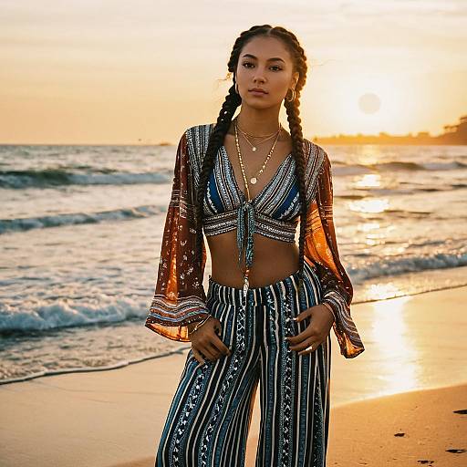 Bohemian Woman on Beach at Sunset in Patterned Crop Top and Striped Pants