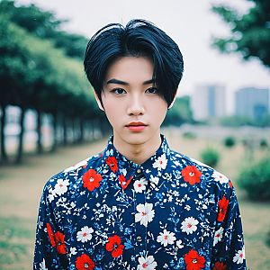 Young Man in Floral Shirt Outdoors