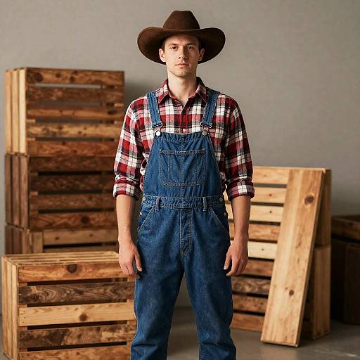 American Redneck Costume Man in Overalls Standing in Front of Wooden Crates