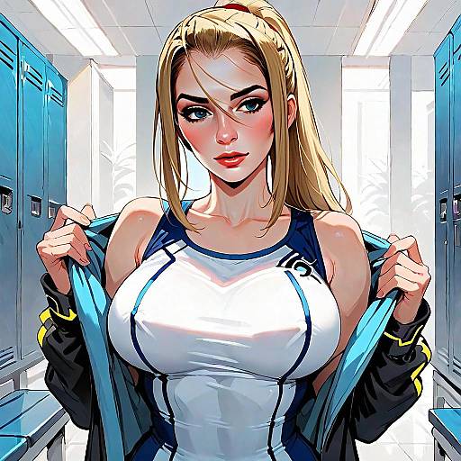 Confident Blonde Woman in Athletic Outfit in Locker Room Digital Art