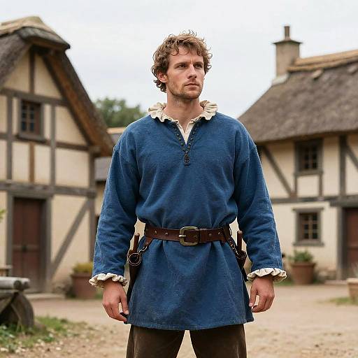Medieval Man in Blue Tunic Standing in Village with Thatched-Roof Houses
