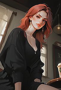 Woman with Red Hair in Black Outfit by Window