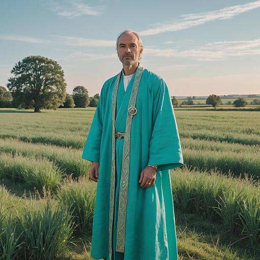 Meditative Man in Traditional Turquoise Robe Standing in Green Field