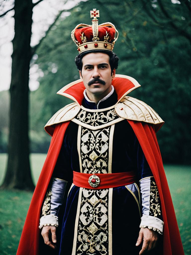 Man in Royal King Costume with Red Cape and Crown - Cosplay Photography