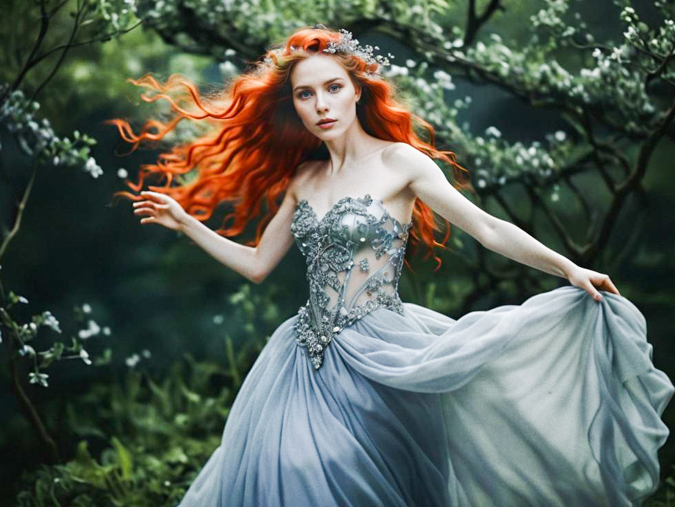 Enchanting Woman in Flowing Red Hair and Elegant Gown