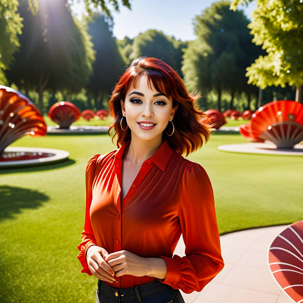 Confident Woman in Vibrant Park with Red Elements