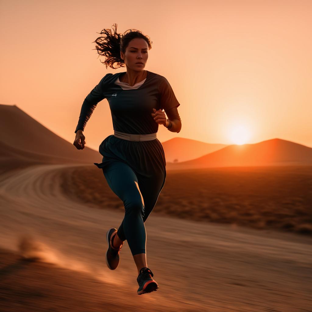 Determined Woman Running on Desert Trail at Sunset Determined Woman Running on Desert Trail at Sunset
