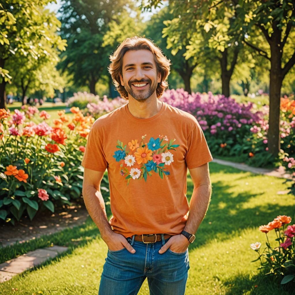 Happy man in floral shirt amid lush greenery