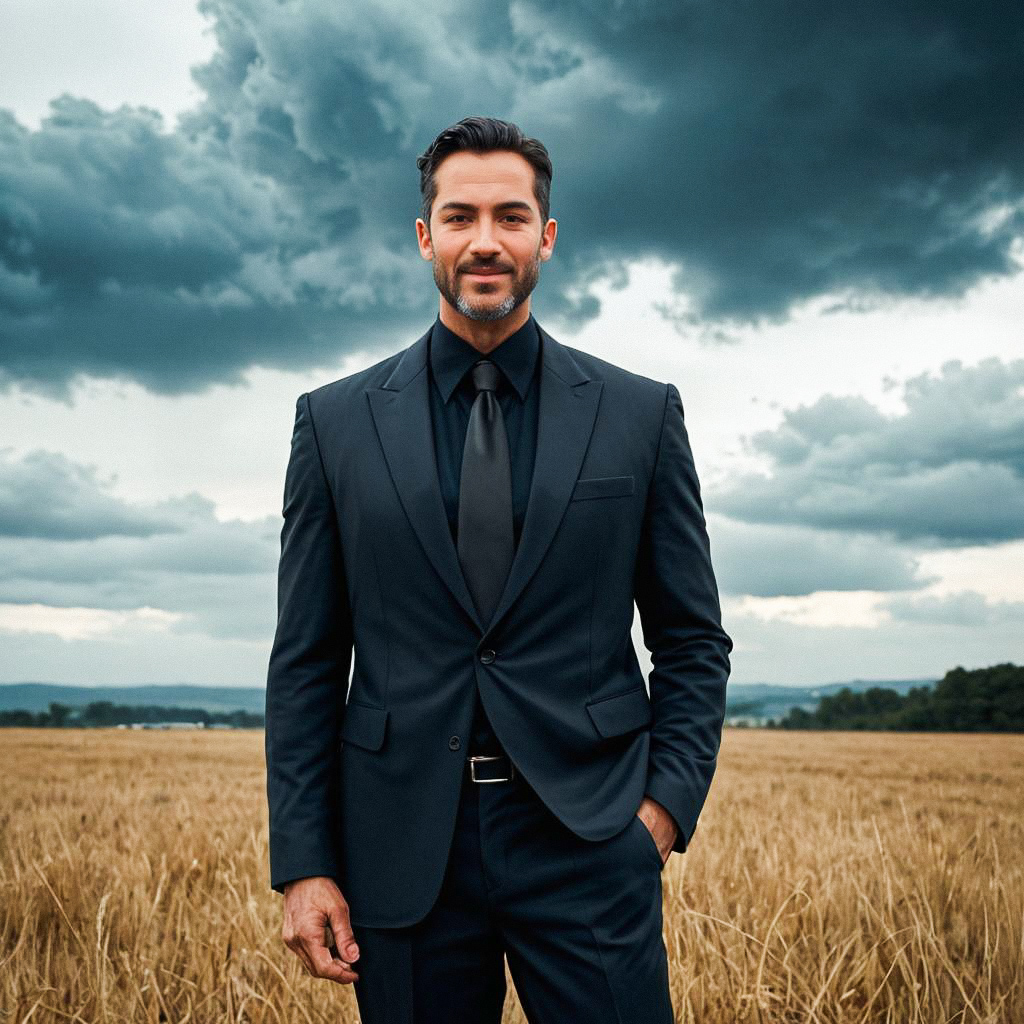 Confident Man in Black Suit in Golden Field