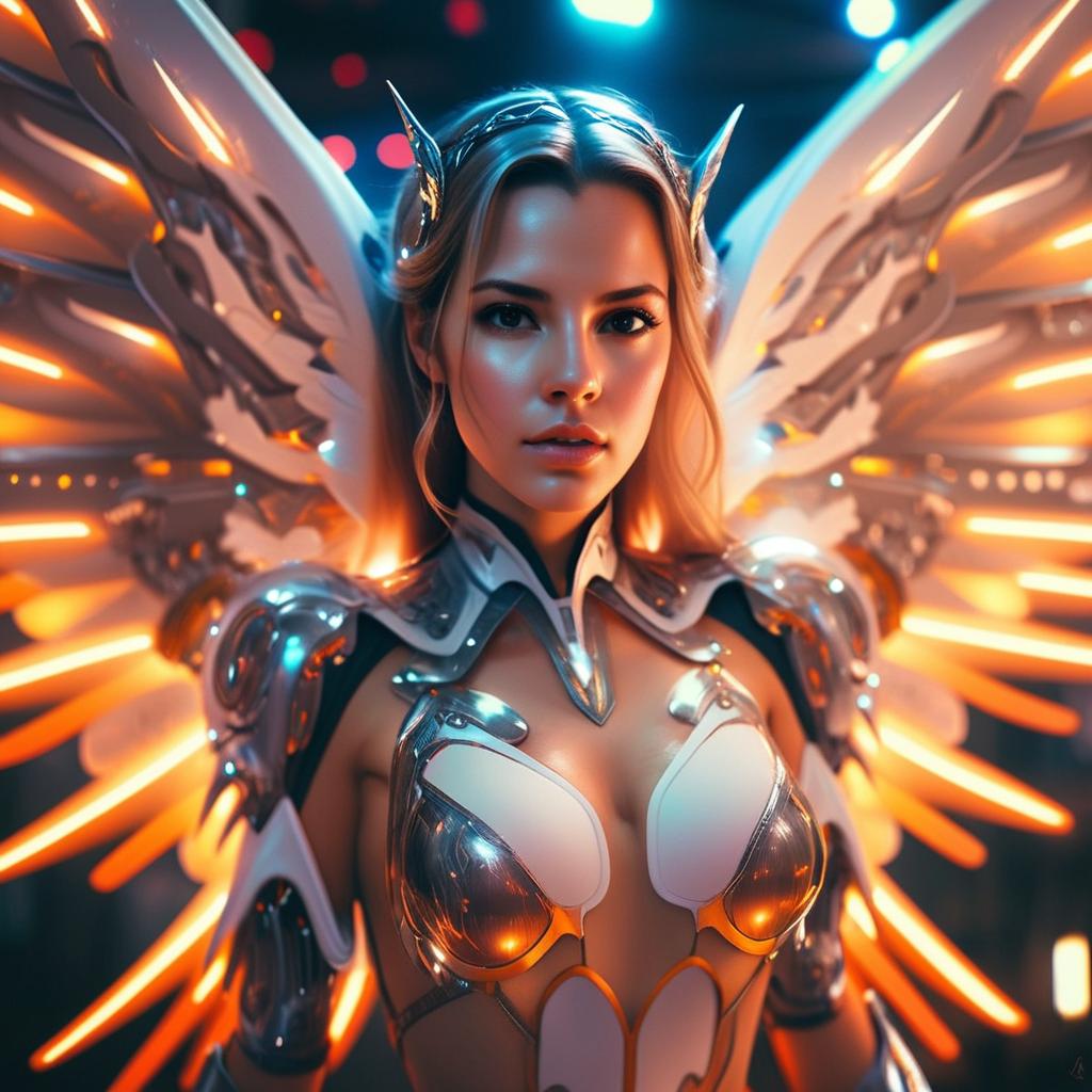 Futuristic Woman in Luminous Armor with Mechanical Wings