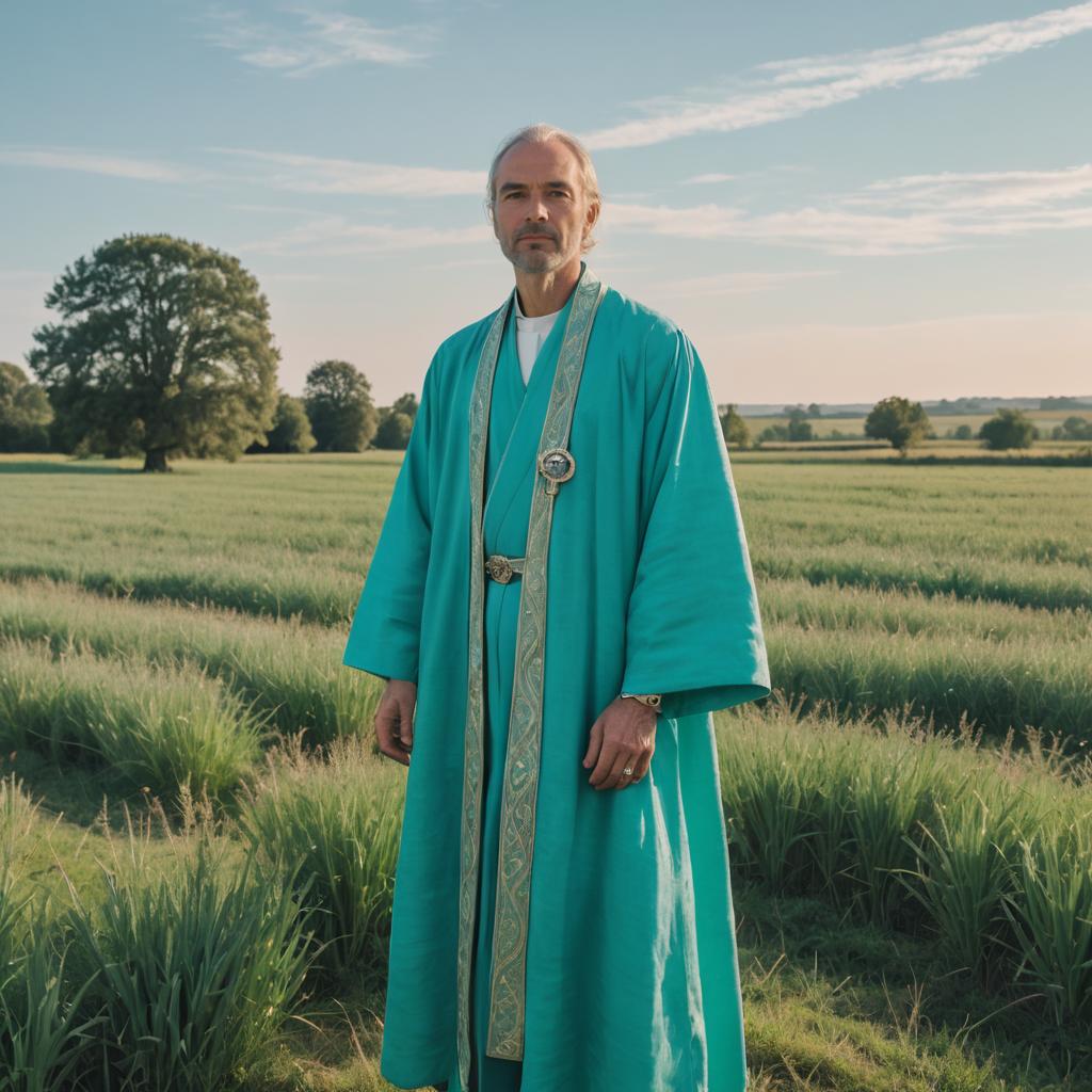 Meditative Man in Traditional Turquoise Robe Standing in Green Field