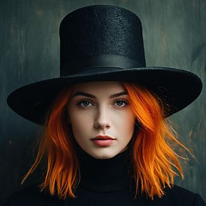 Portrait of Woman with Orange Hair Wearing Black Top Hat and Turtleneck