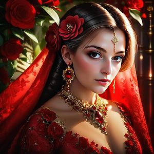 Elegant Woman in Red Gown with Floral Patterns