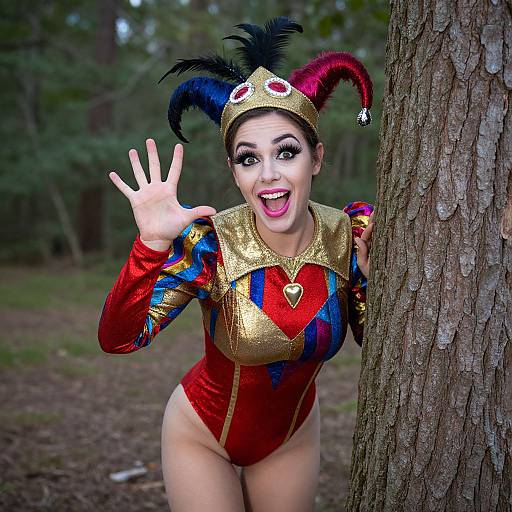 Cheerful Woman in Colorful Jester Costume Outdoors