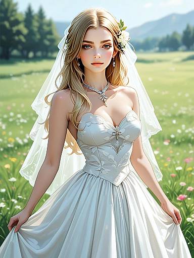 Elegant Bride in Detailed Wedding Dress in Meadow Illustration