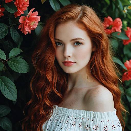 Portrait of Red Haired Woman with Flowers Background